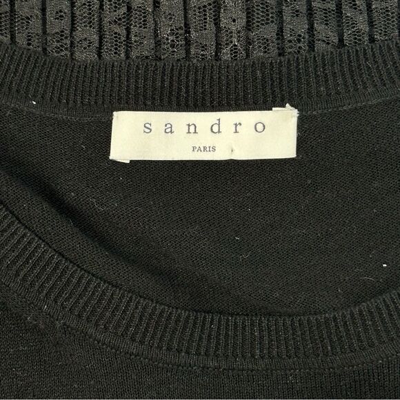 SANDRO Paris Black Linen Blend Lace Pleated Short Sleeve Top L - Picture 2 of 8